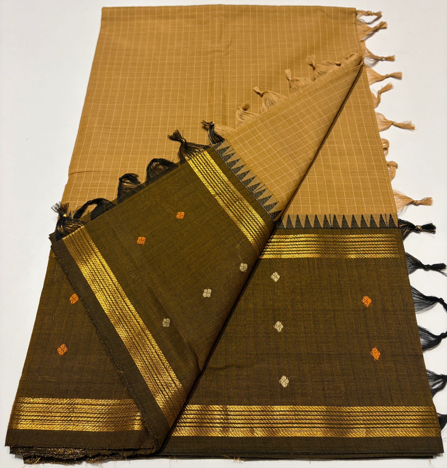 Blue body with a micro-check pattern Gadwal Cotton Silk Saree